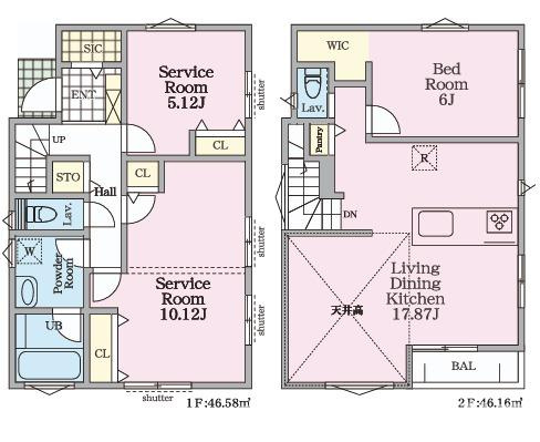 茅ヶ崎市下町屋２丁目　新築戸建　全5棟の間取り|南向き　1LDK+2S