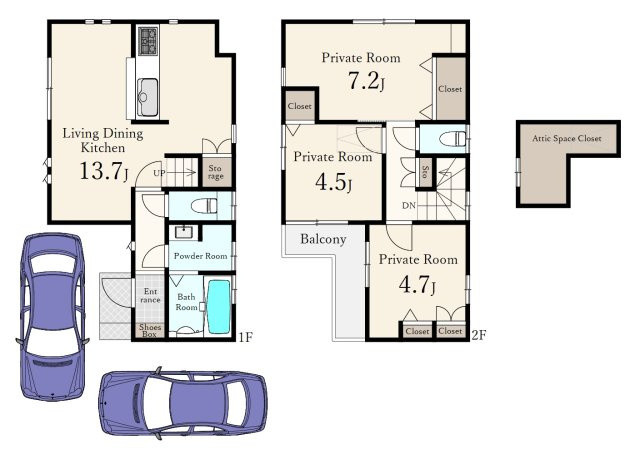 中野区上鷺宮1丁目の間取り|3LDK、土地面積87.98m2、建物面積70.06m2 、小屋裏収納・カースペース付