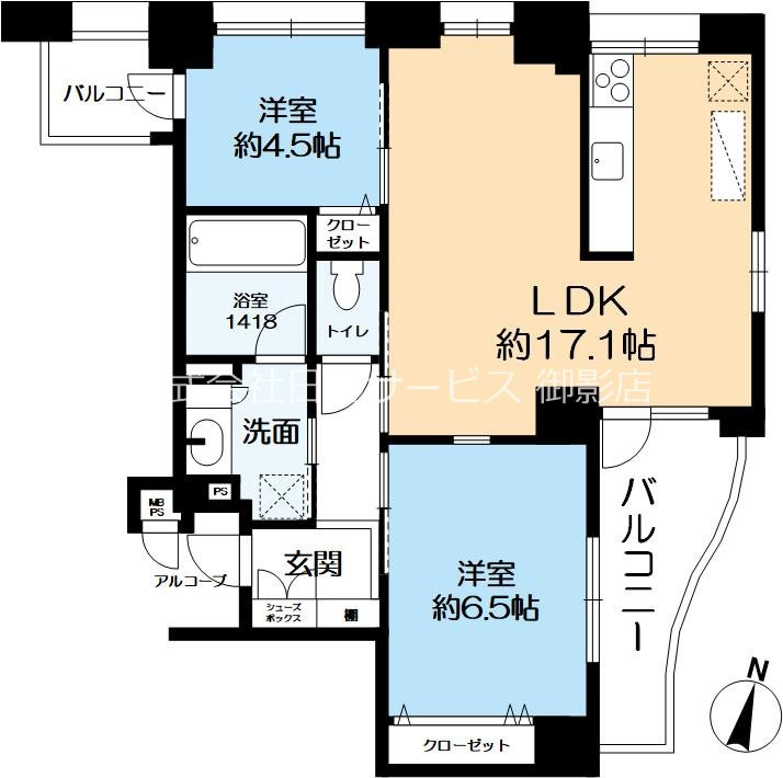 ワコーレ御影郡家の間取り|専有面積：61.80㎡の2LDK、8階建ての2階部分です。