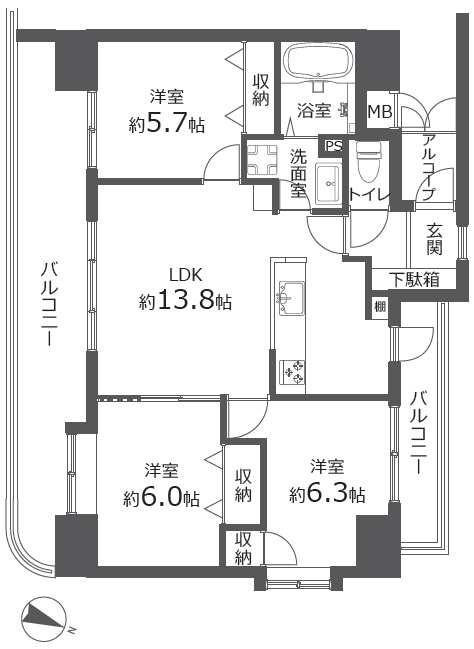 ローヤルシティ大宮吉敷町の間取り|【間取図】角住戸で、陽当り良好な3LDKプラン。約13.8帖のLDKを中心に、全居室に収納を備えた機能的な配置が魅力です。広々とした23.17㎡あるバルコニーで開放感あるれる物件となっております。