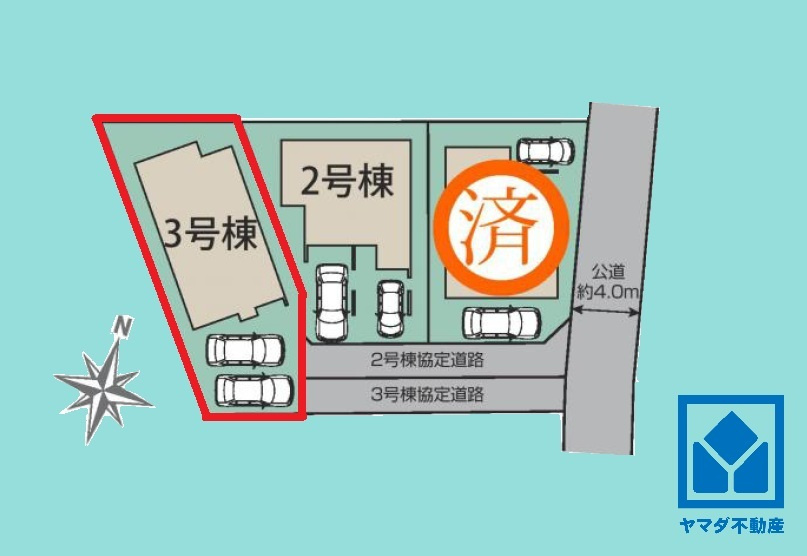 伊丹市鈴原町８丁目の区画図|ブルーミングガーデン伊丹市鈴原町8丁目、こだわりの新築一戸建て全3棟の3号棟です。区画それぞれ間取りが違うので、ライフスタイルに合わせてご検討ください。