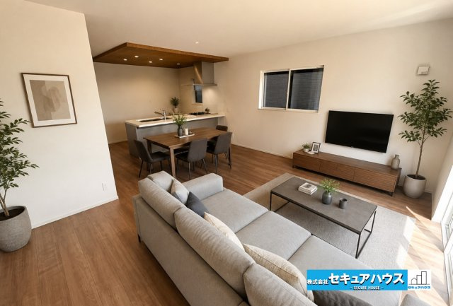 【本日ご案内可能】大府市横根町石丸　全3棟の居間・リビング|【LDKに家具を配置したイメージ図】
◆19帖超えリビングのためダイニングテーブルや大きなソファを置くことができます。シンプルなデザインのため好きなテイストの空間をつくりやすいです。　　　　　　　　
