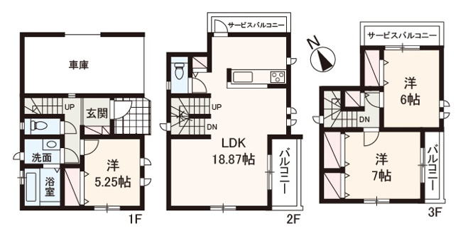 【間取り】 | 堺市堺区山本町5丁　新築戸建 | 二面バルコニー付き、3LDK新築戸建。駐車2台可(車種による)！ビルトイン車庫有り。