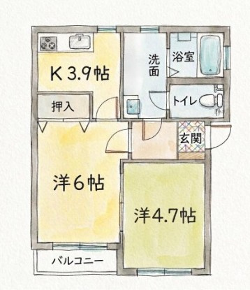 リーフリットⅠの間取り|空間に余裕のできる2Kタイプ