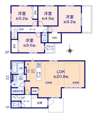 富士見市上沢２丁目の新築一戸建の間取り|床暖房付きのLDKは20帖以上！
広い洗面室は忙しい朝も家族で快適に使えます。