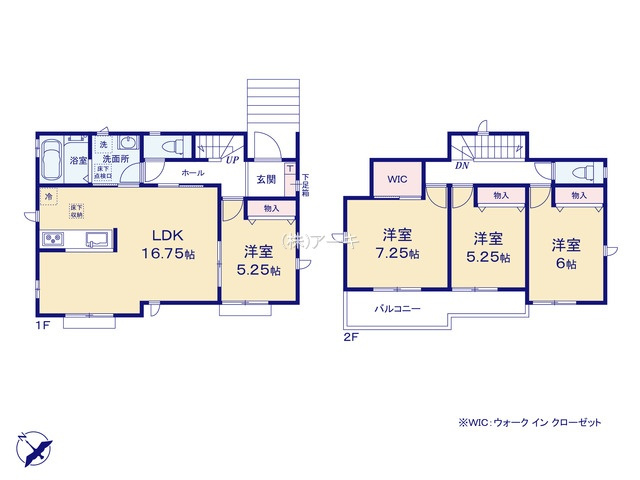 知多市新知新南性86『仲介手数料無料』新築一戸建て・建売の間取り|　B号棟　1F:LDK16.75帖に隣接する洋室5.25帖　CL設置はお子様の遊び場・奥様の家事室に便利！2F:主寝室7.25帖　WIC設置！洋室6帖・洋室5.25帖　CL設置♪南面ワイドバルコニー♪
