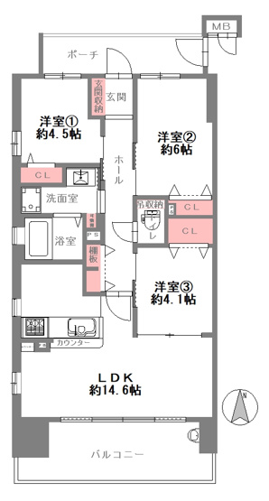 【間取り】 | イニシア鶴見パークウエスト | 【三方角住戸☆室内水廻り設備一新！全面リフォーム済み☆安心の新調設備保証付き☆床暖房・食洗機・バス追炊機能・浴室乾燥機完備☆南向きバルコニー☆レースカーテン付きです☆】