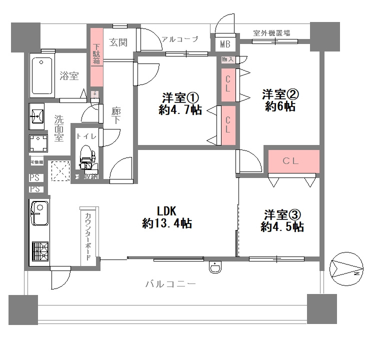 シャルマンフジ鴻池新田グランフォーラムの間取り|価格3090万円・3LDK・専有面積65.43㎡