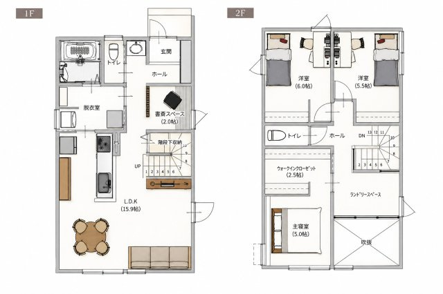 南国市篠原　新築一戸建ての間取り|対面キッチン×リビング階段を採用！自然と家族の会話が増え、絆が深まる安心のレイアウト。