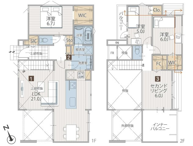 【横浜市旭区中沢3丁目31-8新築戸建て】★仲介手数料無料★の間取り|約21帖のLDKを中心とした3LDK。吹抜けやセカンドリビング、WIC・SIC・ファミリークロークを備え、開放感と収納力を両立した間取りです。