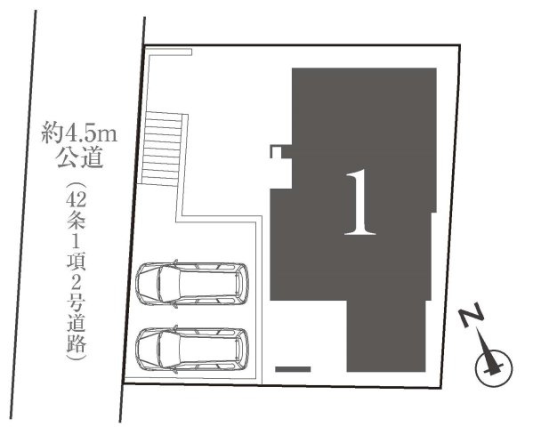 【横浜市旭区中沢3丁目31-8新築戸建て】★仲介手数料無料★の区画図|約56坪のゆとりある敷地に、建物とカースペース2台分を配置。前面は約4.5m公道に面し、敷地の広さを活かした開放感のある区画です。