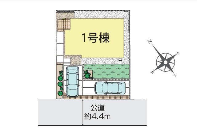 【横浜市旭区今宿1丁目63-8新築戸建て】★仲介手数料無料★（中沢小学校・旭中学校）の区画図|敷地面積約54坪のゆとりある区画。前面は幅員約4.4mの公道に面し、カースペース2台分を確保。庭スペースも設けた、ゆとりある配置計画です。