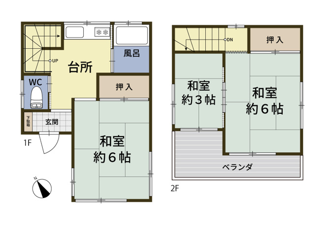 【間取り】 | 富士見市水谷東1丁目　中古一戸建住宅　（志木本店） | 3部屋の和室を備えた3Kの間取り。
南向きの広い屋根付きバルコニーは2部屋から出入りでき、陽当たり・風通しともに良好です。