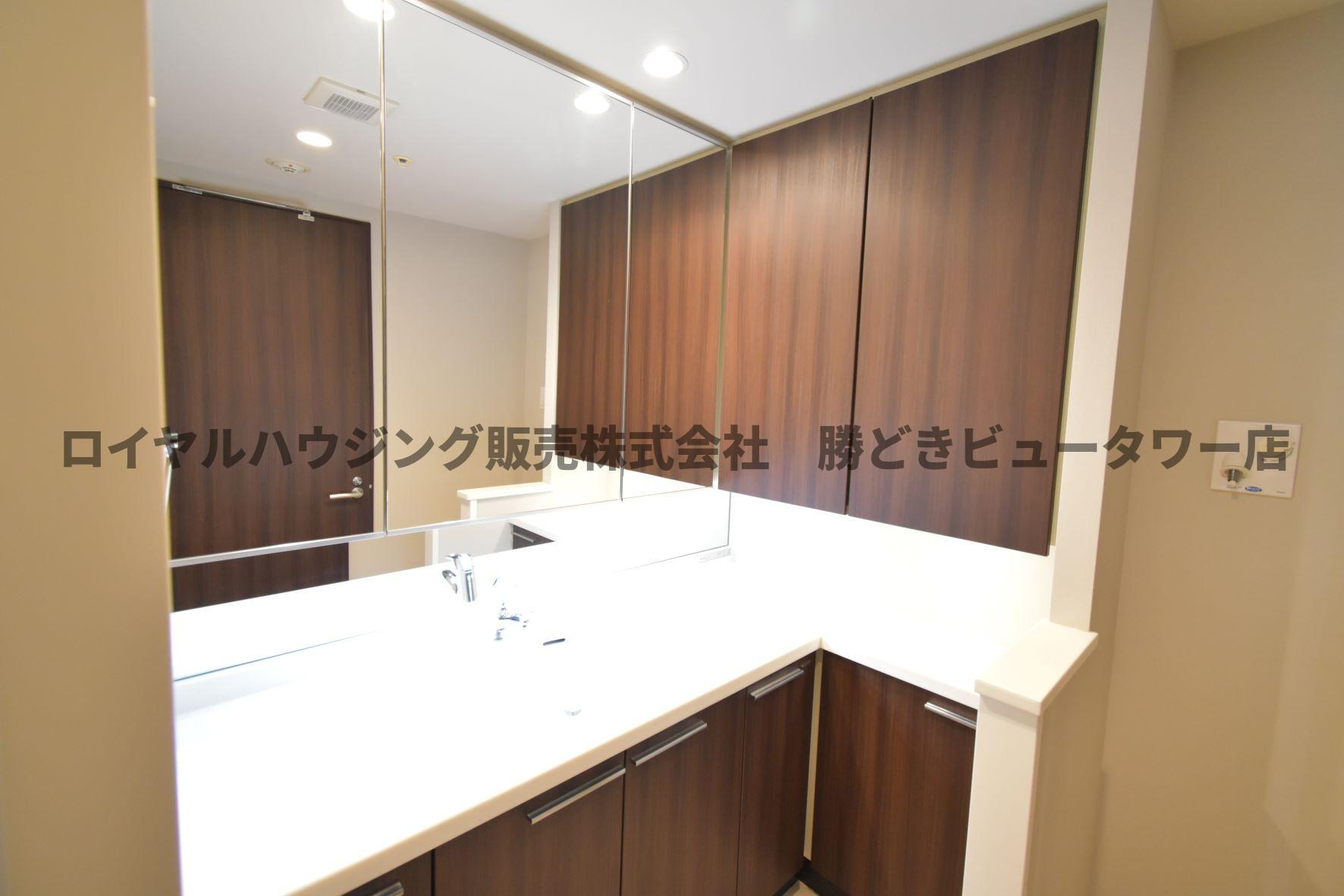 三面鏡付きの独立洗面台です。