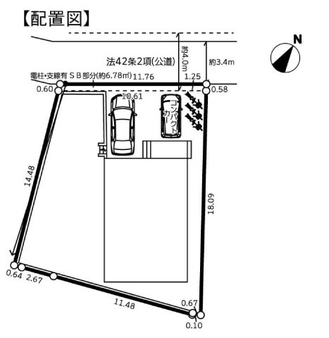 【横浜市旭区都岡町66-6新築戸建て】★仲介手数料無料★（都岡小学校・都岡中学校）の区画図|敷地面積約69坪のゆとりある区画。北側の公道に面し、カースペース2台分を確保。建物まわりにも余裕を持たせた開放感のある配置計画です。