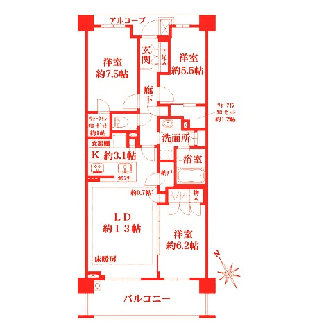 横浜市戸塚区品濃町の賃貸マンションの間取り|洗面台とトイレが別の空間になります♪