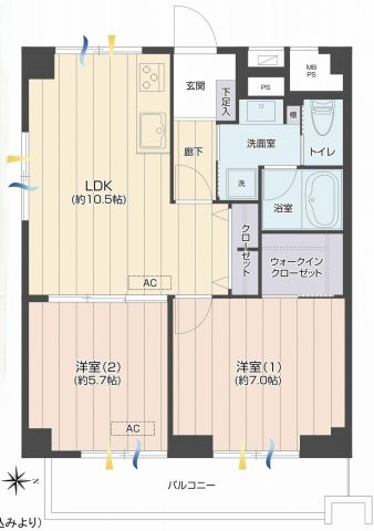 川口栄町グレースマンションの間取り|2LDK 専有面積53.37m2 バルコニー面積7.01m2