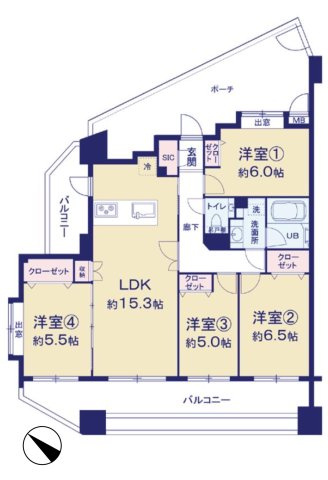 シーズガーデングリーンパティオの間取り|4LDK 　専有面積： 85.87m2　バルコニー面積： 22.33m2　ポーチ面積： 18.71m2
採光・通風・独立性に優れた快適な住空間となっております。