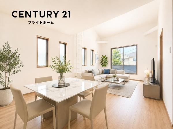 横浜市旭区中沢２丁目の新築一戸建の居間・リビング|自慢したくなるリビング！
形も良く家具の配置にも困りません。
※家具等はＣＧでの参考レイアウトです。