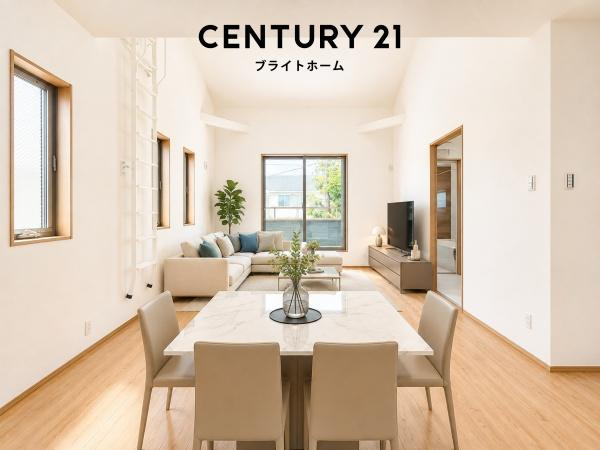 横浜市旭区中沢２丁目の新築一戸建の居間・リビング|窓からは明るい光が差し込みます！
電気をつけなくても明るいです。
※家具等はCGでの参考レイアウトです。