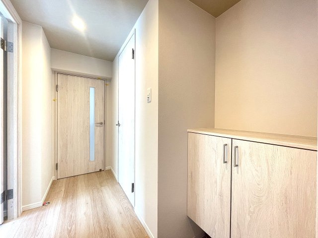 エメラルドマンション田方の玄関|明るい色調で揃えられたお部屋で、玄関のシューズボックスも新調されています。