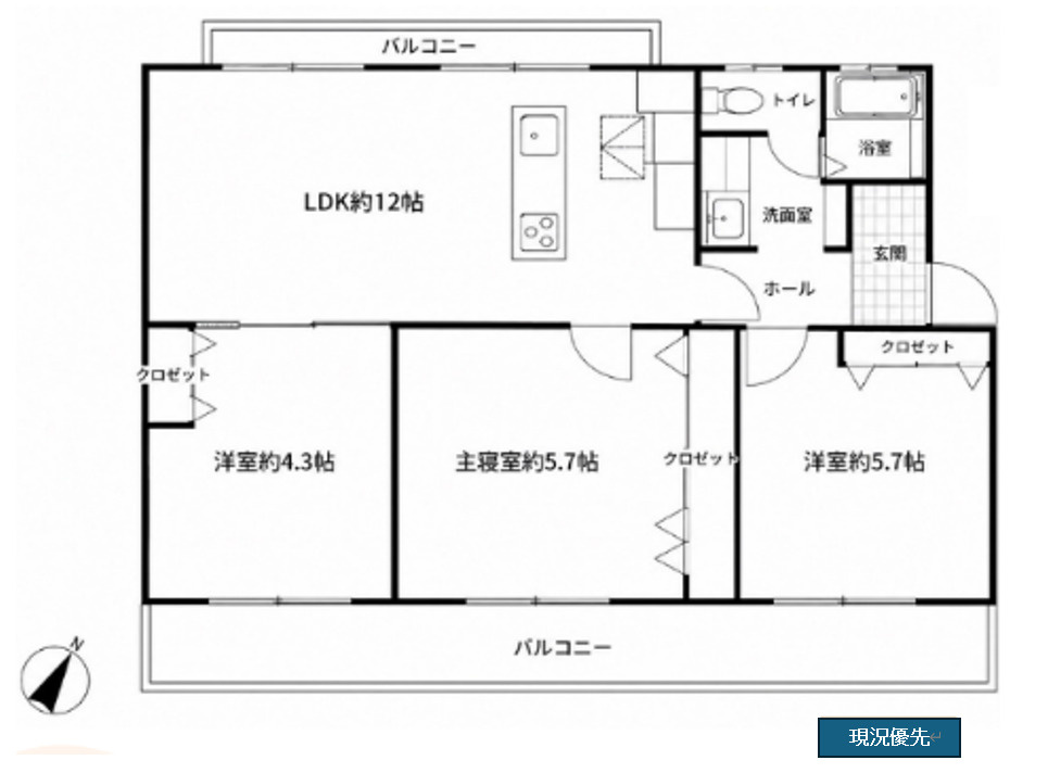 エメラルドマンション田方の間取り|専有面積６７．１０㎡（壁芯）、バルコニー面積１１．３５㎡の３LDKの間取りです。