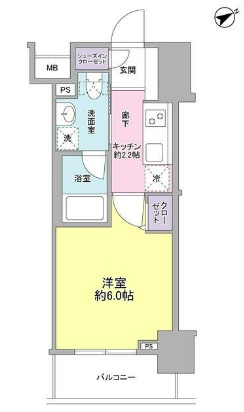 サンピエス大森の間取り|1K洋室6帖バストイレ別独立洗面台付