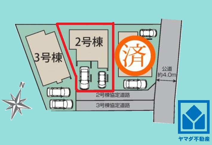 伊丹市鈴原町８丁目の区画図|ブルーミングガーデン伊丹市鈴原町8丁目、こだわりの新築一戸建て全3棟の2号棟です。区画それぞれ間取りが違うので、ライフスタイルに合わせてご検討ください。