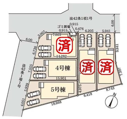 八潮市八潮7丁目　新築戸建　全5棟　4号棟の区画図|家族の車＋来客用にも便利な並列2台駐車可能