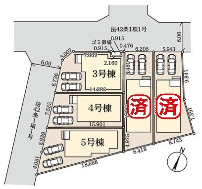 八潮市八潮7丁目　新築戸建　全5棟　5号棟の区画図|家族の車＋来客用にも便利な並列2台駐車可能