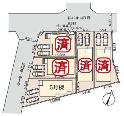 八潮市八潮7丁目　新築戸建　全5棟　5号棟の区画図|家族の車＋来客用にも便利な並列2台駐車可能