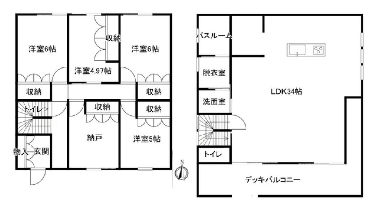 南向きのデッキバルコニー　LDK34帖　の間取り|導線を考えられた間取り