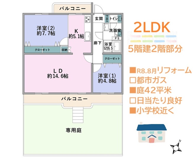 【間取り】 | 東南向きで日当たり良好な2LDK！
無料の広々専用庭（42平米）付き◎