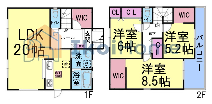 神戸市西区持子1丁目　全1棟　新築戸建の間取り|●年中無休：当日予約可●LDK20帖！2階洋室3部屋ございます！WIC2箇所収納豊富！