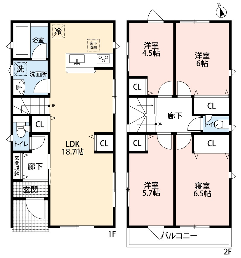 小牧市外堀2丁目　新築戸建　2号棟の間取り|LDK18.7帖・リビングにクローゼットあり。