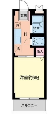 アステールの間取り|南向きバルコニーの1K洋室6帖バストイレ別