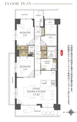 コープ野村クローバー・シティ与野4番館の間取り|【3LDK・専有面積75.47㎡】LDK：17.6帖のゆとりのあるサイズ。西・北・東向きバルコニーからの自然光・通風が嬉しい！収納・玄関ポーチ（3.75㎡）も充実で安心！