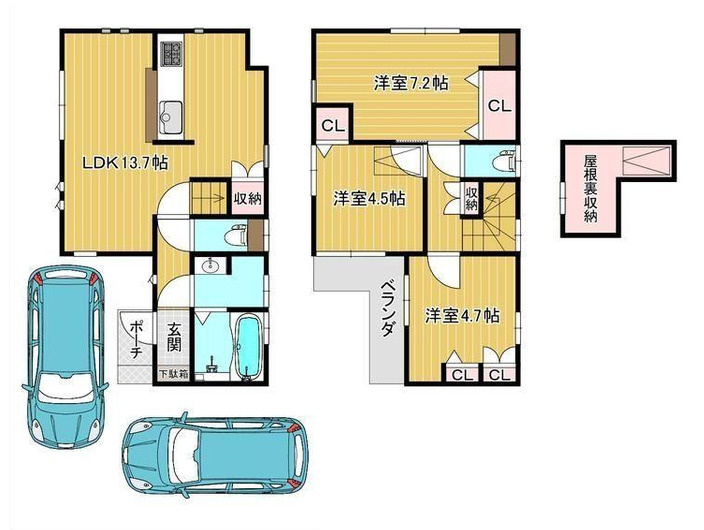 中野区上鷺宮1丁目　2台駐車可　新規リフォーム戸建の間取り|3LDK+小屋裏収納+カースペース2台分　敷地面積 87.98ｍ2　建物面積 70.06ｍ2