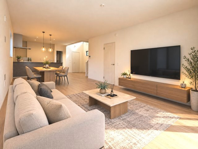 【居間・リビング】 | 福岡市南区鶴田2丁目6期　1号棟（全4区画）【仲介手数料無料・0円】 | 現地写真。家具・家電等はCGによる配置例です。物件には含まれません