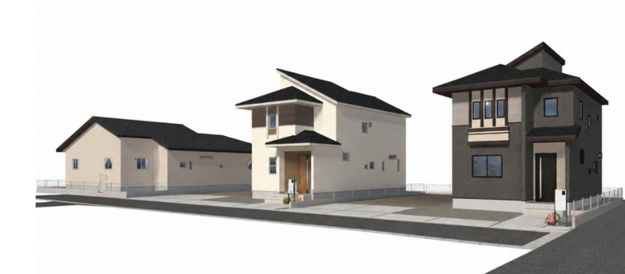 ブルーミングガーデン前橋市女屋町　５号棟の外観パース|おしゃれな街並みです。5号棟の建物は一番右側になります。