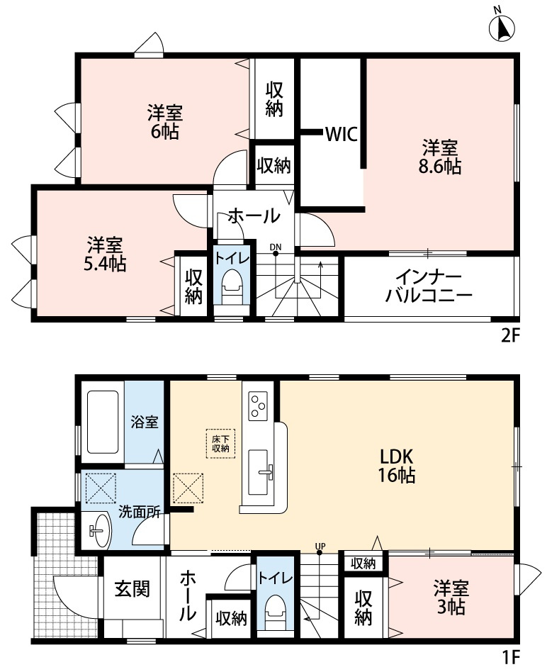 小牧市大字横内　新築戸建　の間取り|LDK16帖＋洋室３帖の続き間で広々空間です。
対面式キッチン