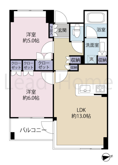 【間取り】 | アルス高輪フェアヒルズ | 約13.0帖のLDKを備えた使い勝手の良い2LDKです！ご家族でゆったりと心地よくお過ごしいただけます！