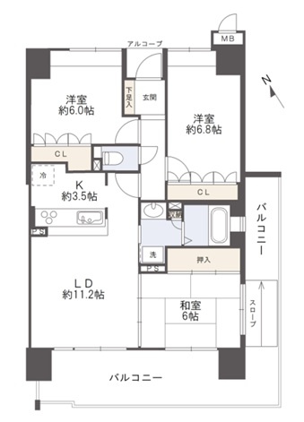 サーパス新田の間取り|ＬＤＫ約１４．７帖、和室６畳、洋室約６．８帖、約６帖。南東角部屋で２面バルコニーのあるお部屋です。