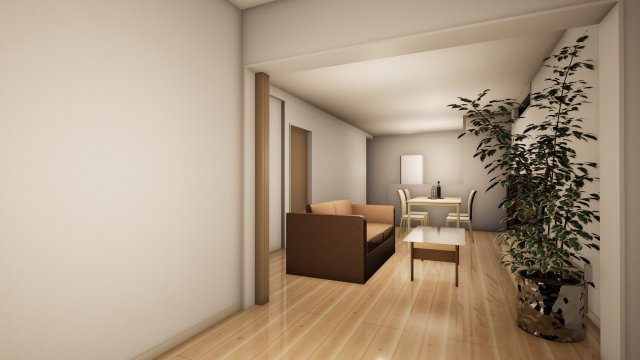 みよし市莇生町Ⅰ期１号地分譲の居間・リビング|北側洋室からLDKを見た内観パース