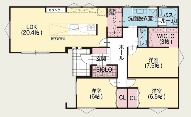 【秀光ビルド】大垣市三塚町分譲の間取り|大垣市三塚町分譲平屋：3LDK、土地280.14㎡（84.74坪）、建物104.96㎡（31.75坪）