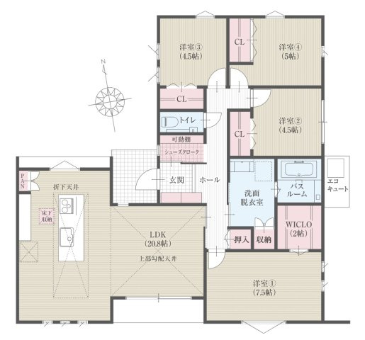 【秀光ビルド】岐阜市中鶉D号地分譲住宅の間取り|中鶉D号地4LDK平屋：土地面積267.45㎡（80.90坪）、建物面積101.85㎡（30.80坪）