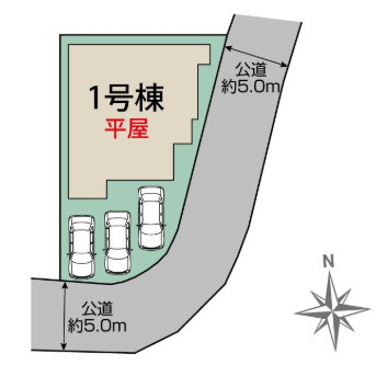 ブルーミングガーデン前橋市龍蔵寺町　1号棟（平屋）の区画図|駐車場3台ご用意しています！並列駐車なのでお車の出し入れもしやすいです。