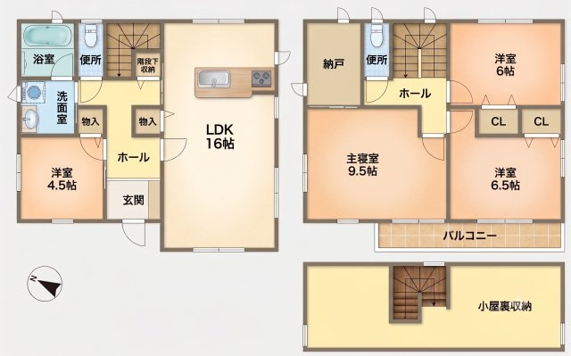 【間取り】 | つくば市みどりの南　中古戸建 | 広々9.5帖の主寝室と収納豊富な4SLDK+小屋裏収納！