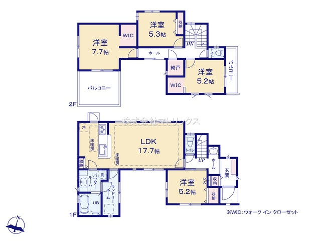 板橋区赤塚5丁目　土地53坪超×建物32坪超　長期優良住宅　限定1棟の間取り|4LDK+2WIC+納戸+パントリー+カースペース2台分　敷地面積 175.62ｍ2　建物面積 107.12ｍ2