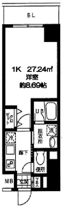 バレーヌ大森山王の間取り|東向き洋室8.69帖の1Kバストイレ別独立洗面台